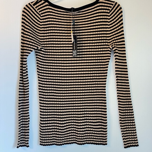 Women’s Ribbed Knit Sweater M Black Tan Grid Check Stretch Long Sleeve NWT $60 - Picture 5 of 5